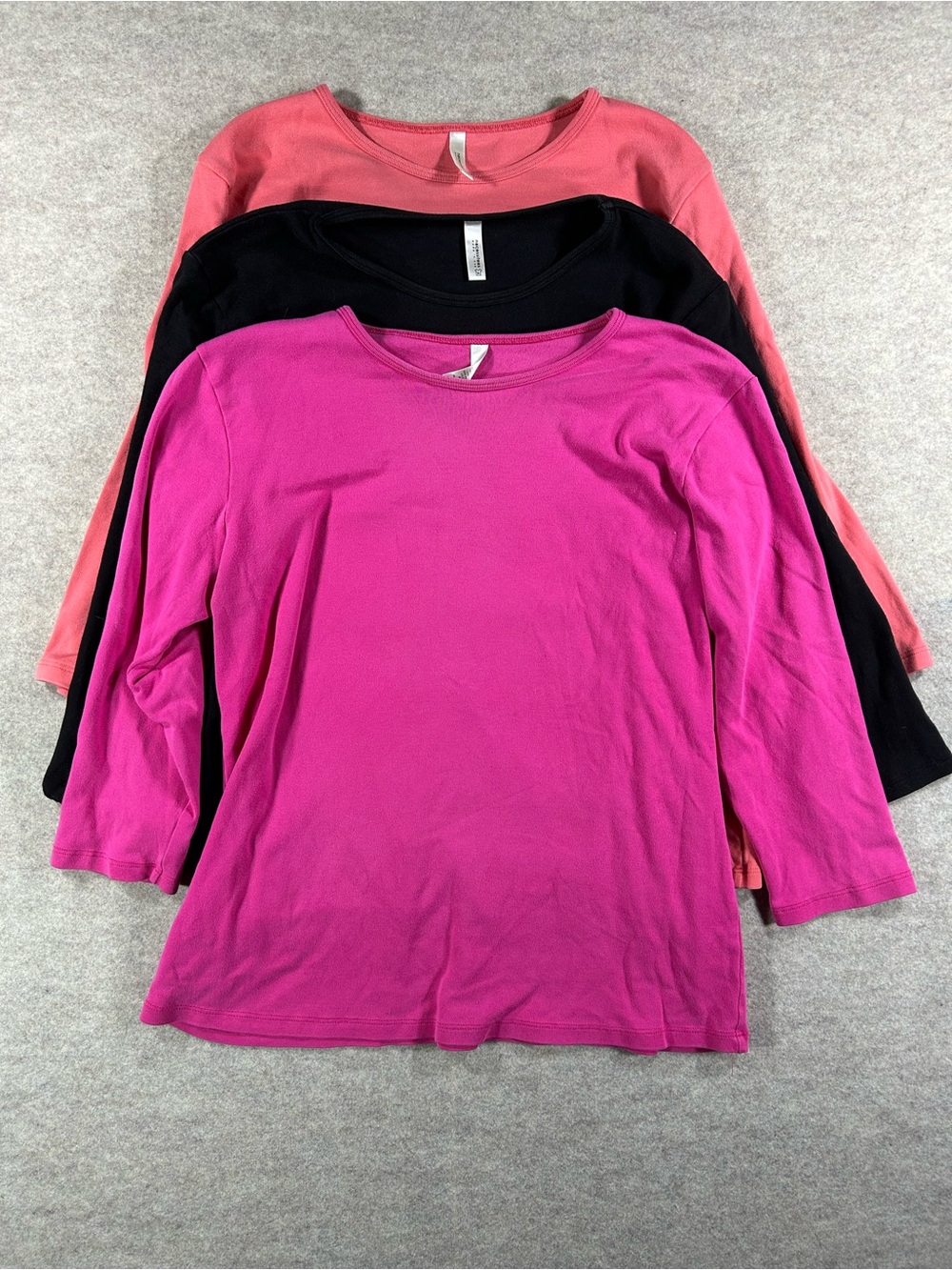 Necessitees 3-Pack Women's Long Sleeve Scoop Neck Tops - Fuchsia, Black, Coral